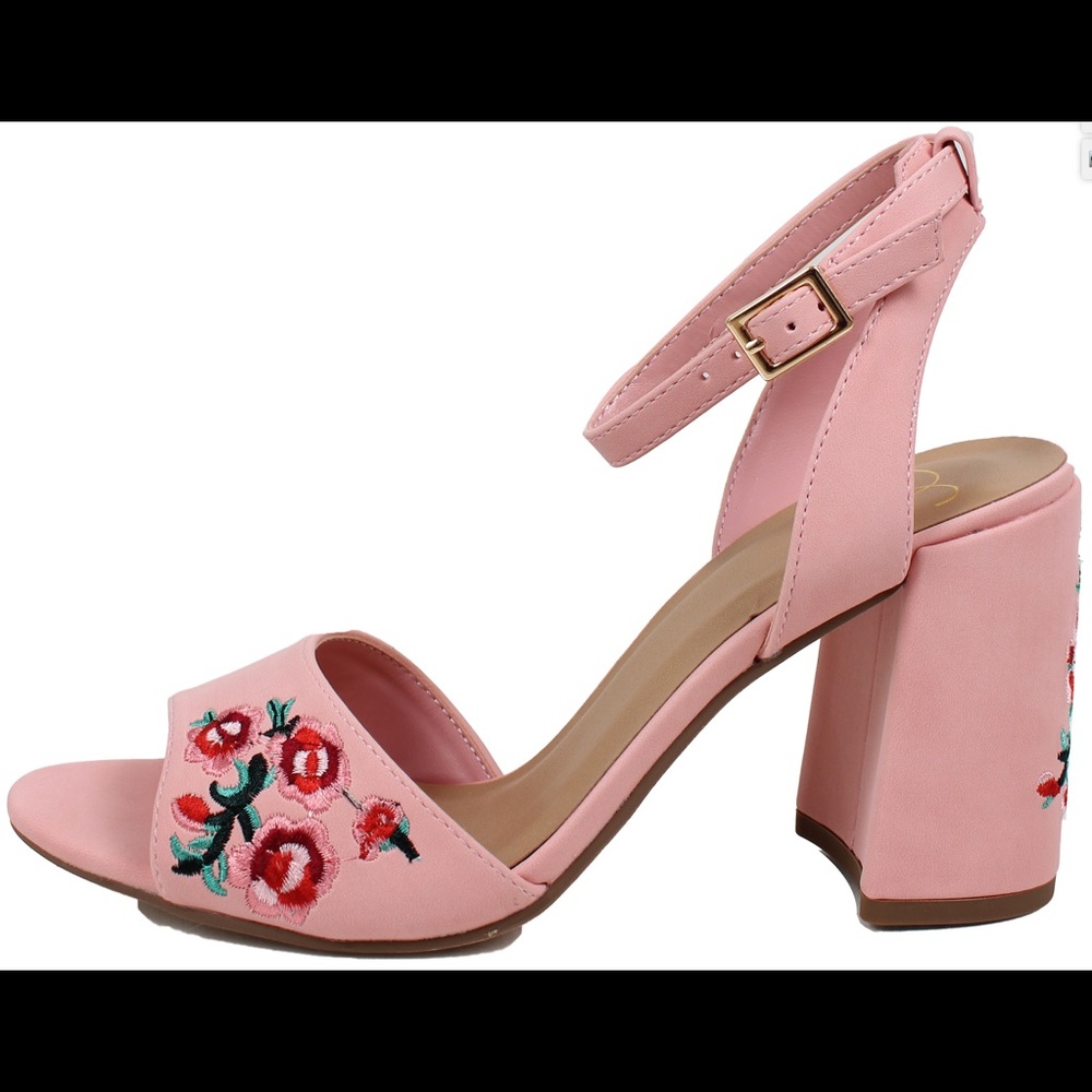 Pink flower embroidered open toe ankle strap heel - Picture 4 of 4